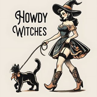 a woman in a witch costume is walking her cat with the words, hoddyy witches Halloween Pin Up Vintage Witch, Witch And Cat Iphone, Cowboy Halloween, Cowgirl Halloween, antique white