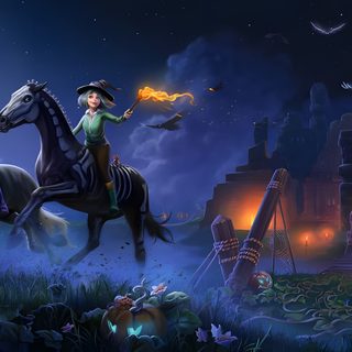 two witches riding horses in front of a full moon Star Stable Halloween 4k Sso Halloween, Star Stable Halloween Background, Autumn Star Stable Background, dark slate gray