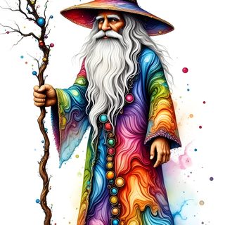 an image of a wizard holding a wand and wearing a rainbow outfit with long white hair Merlin Wizard Halloween Rainbow Purple Crazy Wizard Art, Wizard Images, Magical Illustration, snow