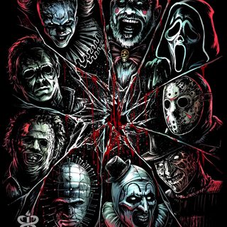 Horror Icons Mash-Up Stranger Things Artwork, Happy Halloween Gif, Monster Artwork, Horror Pictures, Horror Movie Icons, Horror Artwork, Scary Games, Evil Clowns, Horror Posters Halloween Horror Characters Stranger Things Artwork, Happy Halloween Gif, Monster Artwork, black