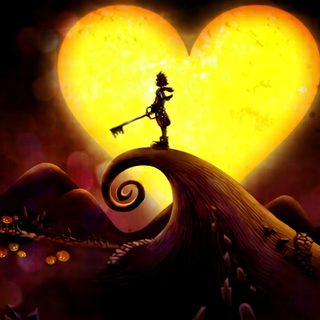 a girl holding a key standing on top of a wave in front of a heart Halloween Town Sora Kingdom Hearts Jack Skellington, Kingdom Hearts Sora Nightmare Before Christmas, Kingdom Hearts Glass Art, maroon