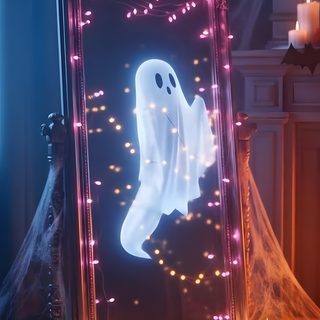 a lighted ghost in front of a mirror with candles Halloween 3d Gif Halloween Is Coming, Long Live Halloween, Halloween Moving Background, dark slate gray