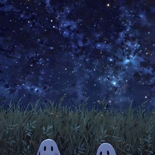 two ghost heads sitting in the grass under a night sky filled with stars and clouds Blue Halloween Iphone Matching Halloween, Ghost Iphone, Ghost Phone Aesthetic, Spooky,