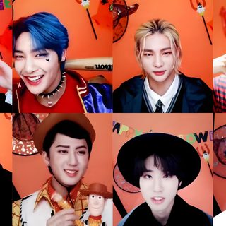 several pictures of the same person with different hair colors Stray Kids Halloween Laptop Skz Pumpkin, Stray Kids Pumpkin Carving, Halloween Pictures, indian red
