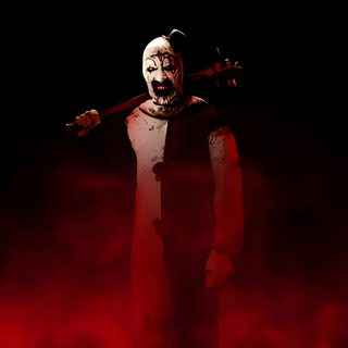 the evil clown is holding a baseball bat in his right hand and standing on a red foggy background Halloween Terrifier Art The Clown Pictures, Art The Clown, Art The Clown Cute, Halloween Terrifier, black