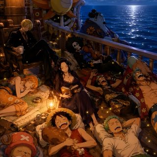 some people are laying down on the deck of a ship at night with stars in the sky Halloween One Piece One Piece Art, Sleeping Under The Stars, One Piece Comic, dark slate gray