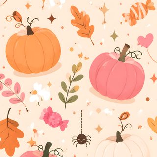 an image of pumpkins and leaves on a white background with stars, flowers and bugs Pastel Halloween Medium-pumpkin Patch papaya whip