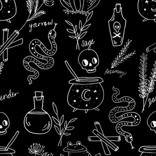black and white halloween doodles on a chalkboard background with pumpkins, caulders, candles, witches Halloween Spooky Cauldron Snakes Potions Halloween Spooky Cauldron Snakes Potions, Ouija Board Pattern, Poison Pattern, black