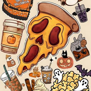 an image of halloween stickers with pumpkins, hot dogs and other things on it Halloween Food Cute Halloween Treats, Glow Pumpkin, Haunted Attractions, Magical Makeup, sandy brown