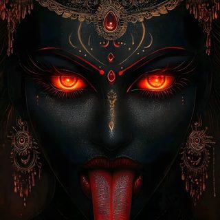 the face of a woman with red eyes and an ornate headdress on it Halloween Kali 2 Kali Mata Full Hd, Orange Halloween Face, Glowing Orange Eyes, Kali Ma Hd, black