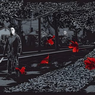 a man standing in the middle of a street surrounded by red flowers and leaves, Halloween Resurrection Horror Macbook, Horror Horizontal, Horror Laptop, dark slate gray