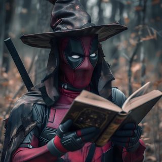 a man dressed as deadpool reading a book in the woods with a hat on Deadpool Halloween Superhero Deadpool, Vampire Deadpool, Deadpool In Dc, dark slate gray