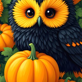 an owl sitting on top of a pile of pumpkins next to flowers and leaves Halloween Owl Fall Owl Background, Owl Screensavers, Cute Fall Owl, Owl Background, saddle brown