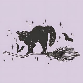 a black cat standing on top of a tree branch with bats flying around in the background Feline Halloween - Black On Lavender Witchy Cats, Witchy Icons Aesthetic, Spooky Kitty, thistle