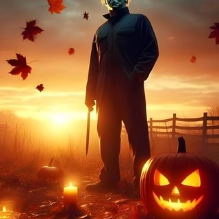 a scary man standing next to two pumpkins in front of a fence with the sun setting behind him Halloween Michael Myers Iphone Backgrounds Michael Myers, Mike Myers Halloween, Halloween Backgrounds Michael Myers, saddle brown