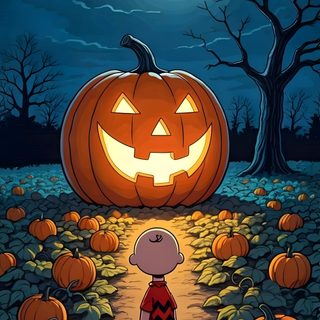 a little boy standing in the middle of a pumpkin patch with a jack - o'- lantern on his head Peanuts Halloween With Pumpkins Peanuts, Vintage Halloween Images, Magical Pictures, dark slate gray