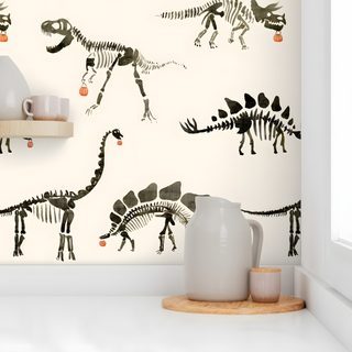the wallpaper is decorated with dinosaurs and other animal silhouettes on white walls Halloween Dinosaur For Nursery Dinosaur Bones, Bad To The Bone, Statement, Boho, Neutral, gainsboro