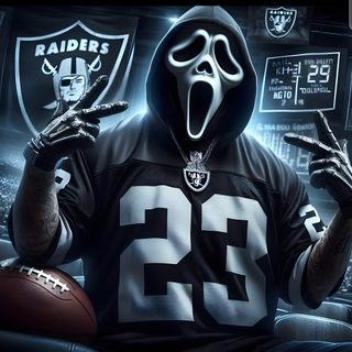 a football player wearing a ghost mask and holding a football in his hand with the number 23 on it Raiders Halloween Football Raiders, Raiders Profile Picture, Cool Raiders Pfp, dark slate gray