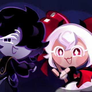 two cartoon characters standing next to each other in front of a black background with red and white balloons Crk Halloween Bat Cat Crk, Dark Sugar Cookie Crk, Batcat Crk, black