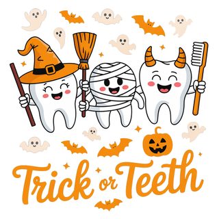 three cartoon toothbrushes with halloween characters on them and the words trick or teeth Dental Halloween Desktop Halloween, white