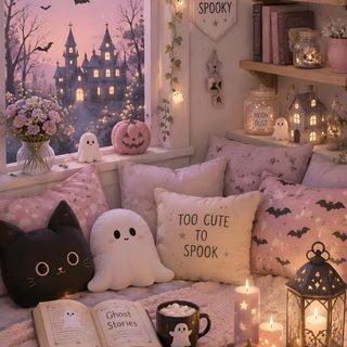a room filled with lots of pillows and stuffed animals Halloween Room Cutesy Halloween Aesthetic, Girly Spooky, Cutecore Halloween, Cute Halloween Aesthetic, gray