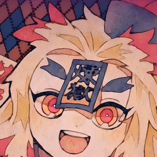 an anime character with long blonde hair and red eyes is surrounded by signs that spell out japanese characters Rengoku Halloween Kny Desktop, Rengoku Ghost, Demon Slayer Halloween Rengoku, indian red