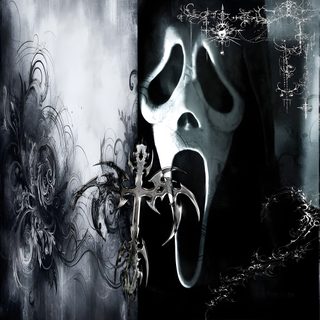 an image of a creepy face in black and white with flowers on the left side Y2k Halloween Scream Horror Movie Pfp, Ghost Face Pfp, Ghostface Glitter, Ghostface Pfp, dark slate gray