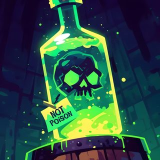 a bottle with a skull on it sitting on top of a barrel in the dark Halloween Potion midnight blue
