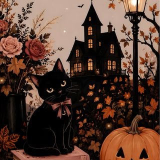 a black cat sitting on top of books next to a lamp post and pumpkins Black Cat Halloween Halloween Theme Background, Cute Halloween For Phone, Aesthetic Halloween, saddle brown