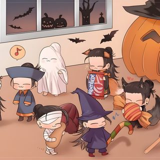 a group of cartoon characters standing in front of a halloween themed room with pumpkins and jack - o'- lanterns Jujustu Kaisen Halloween 1920x1080 Jujutsu, Dibujos Bonitos, dark salmon
