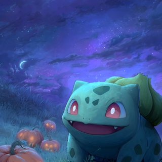 a green frog sitting on top of a lush green field next to lots of pumpkins Halloween Bulbasaur Iphone Stills, Pokemon Bulbasaur, Halloween Pokémon, Scene, Cool Pokemon, dark slate blue