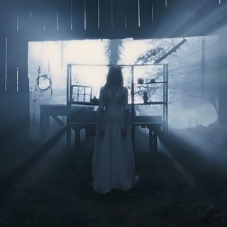 a woman standing in front of a window on a foggy night with the light coming through Halloween 2 2009 The Witch Cinematography, Ghost 1990 Gif, Horror Lighting Cinematography, dark slate gray