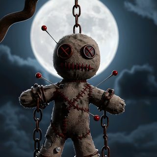 a creepy looking teddy bear hanging from a chain in front of a moon filled sky Halloween Voodoo Doll Horror Objects, Voodoo Bear, Spooky Voodoo, Voodoo, dark slate gray
