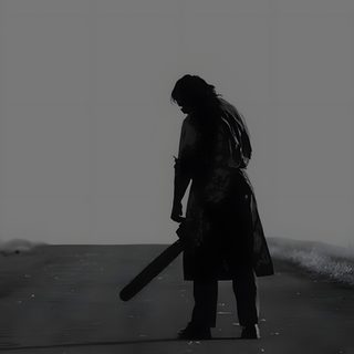 black and white photograph of a person holding a baseball bat in the middle of an empty road Texas Chainsaw Man Movie Halloween Leatherface Background, Texas Chainsaw Aesthetic, Leatherface, dim gray
