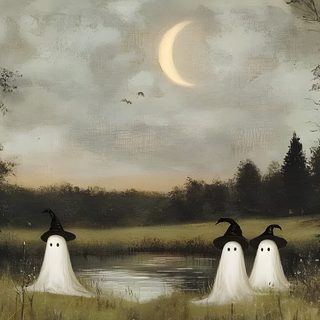 two ghost like figures are standing in front of a pond with the moon behind them Vintage Halloween Desktop Tv Screensaver Aesthetic, Dark Cottagecore Laptop, Laptop Aesthetic Vintage, dark olive green