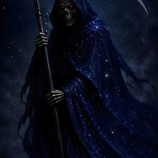 a skeleton dressed in black holding a sculler and wearing a blue cloak with stars on it Grim Reaper Halloween black