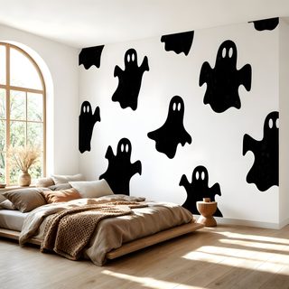 a bedroom decorated in black and white with lots of ghost silhouettes on the wall Halloween Ghost For Bedroom Contact Paper Wall, Halloween Bedroom, Paper Wall Decor, Accent, light gray