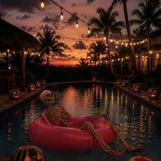 a skeleton sitting on an inflatable raft next to some pumpkins Halloween Summerween Summer Halloween Background, Summerween Pictures, Summerween Iphone, Summerween, black