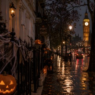 a city street at night with halloween decorations Halloween City Hd Halloween Party Diy, Uk Destinations, Halloween Cookies, Halloween Art, Cozy Corner, black