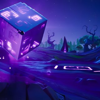 a purple cube floating in the air with trees and rocks around it at night time Halloween Fortnite Fortnite Cube, Fortnite Perfect Shadow, Fortnite Rift Background, midnight blue