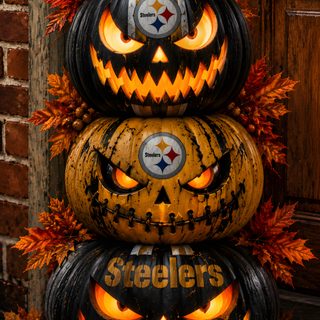 three pumpkins stacked on top of each other in front of a door with the pittsburgh football logo painted on them Nfl Halloween Pittsburgh Steelers, maroon