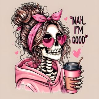 a skeleton holding a coffee cup with the words nah i'm good on it Cute Halloween Skull Cute Skeletons, Cute Skeleton, Spooky Girly, Skull Girly, Cute Skull, light gray