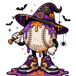 a cartoon halloween baseball character wearing a witch hat and holding a bat Halloween Softball snow