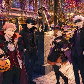 three people dressed up in halloween costumes standing next to each other on a brick walkway Jujustu Kaisen Halloween 1920x1080 Jujutsu, dark olive green