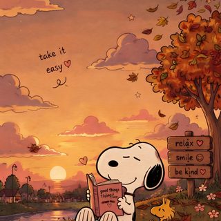 a cartoon dog sitting on top of a pile of books next to a tree with the sun setting in the background Snoopy Halloween 4k sienna