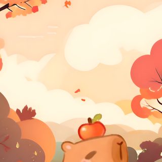 a cartoon bear with an apple on its head sitting in the fall leaves and trees Cute Capybara Halloween Capybara Thanksgiving, Cute Capybara Halloween, Autumn Capybara, peach puff