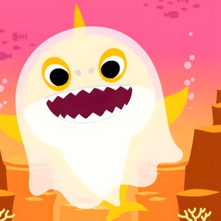 a cartoon ghost is standing in the middle of an underwater scene with corals and plants Baby Shark Halloween Shark Halloween, Halloween Songs, Baby Shark, Olaf The Snowman, Pikachu, light coral