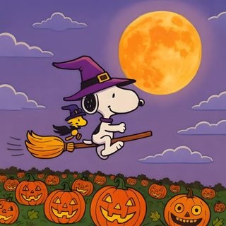 a cartoon dog flying on a broom with pumpkins in front of a full moon Woodstock Halloween Snoopy Cartoon, Fall Decor Inspiration, Halloween Snoopy October, slate gray