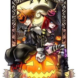 two cartoon characters dressed as witches sitting on top of a jack - o'- lantern Kingdom Hearts Halloween Kingdom Hearts Nightmare Before Christmas, Kingdom Hearts Sora Nightmare Before Christmas, Sora Kingdom Hearts Halloween, burlywood