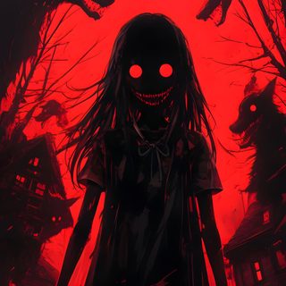 a creepy girl standing in front of a red sky with the moon shining behind her Halloween Scary Cute Girl Very Scary, Goth Art, Nghệ Thuật Kinh Dị, Anime, Anime Halloween, Cat, black